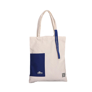 Cream Navy Canvas Tote Bag with Patch Pocket