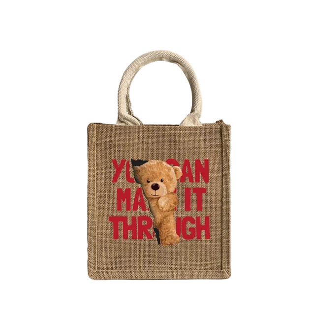 Cute Bear Print Composite Jute Tote Bag Series