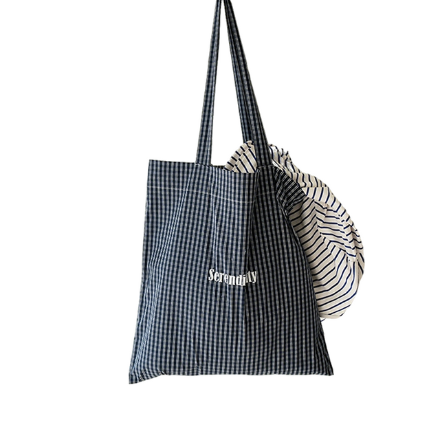 Navy Gingham Canvas Tote Bag Commuter