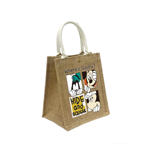 Cartoon Print Jute Hand Tote Bag With Waterproof Lining