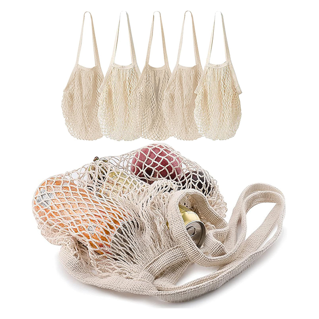 Baumwoll-Mesh-String-Einkaufstaschen mit langem Griff