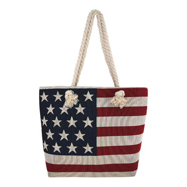 Rope Handles American Flag Embroidered Canvas Tote Bag