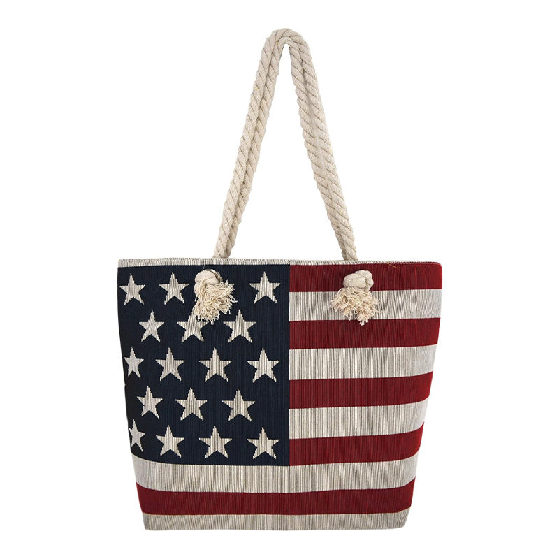 Rope Handles American Flag Embroidered Canvas Tote Bag