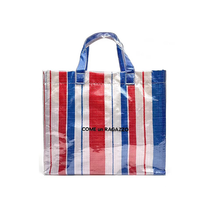 Red Blue Stripe Woven PVC Tote Bag
