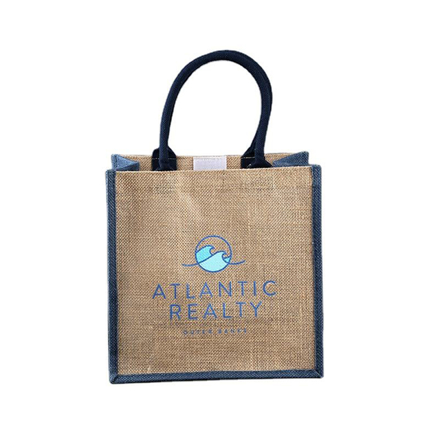 Blue Durable Jute Burlap Tote Bag